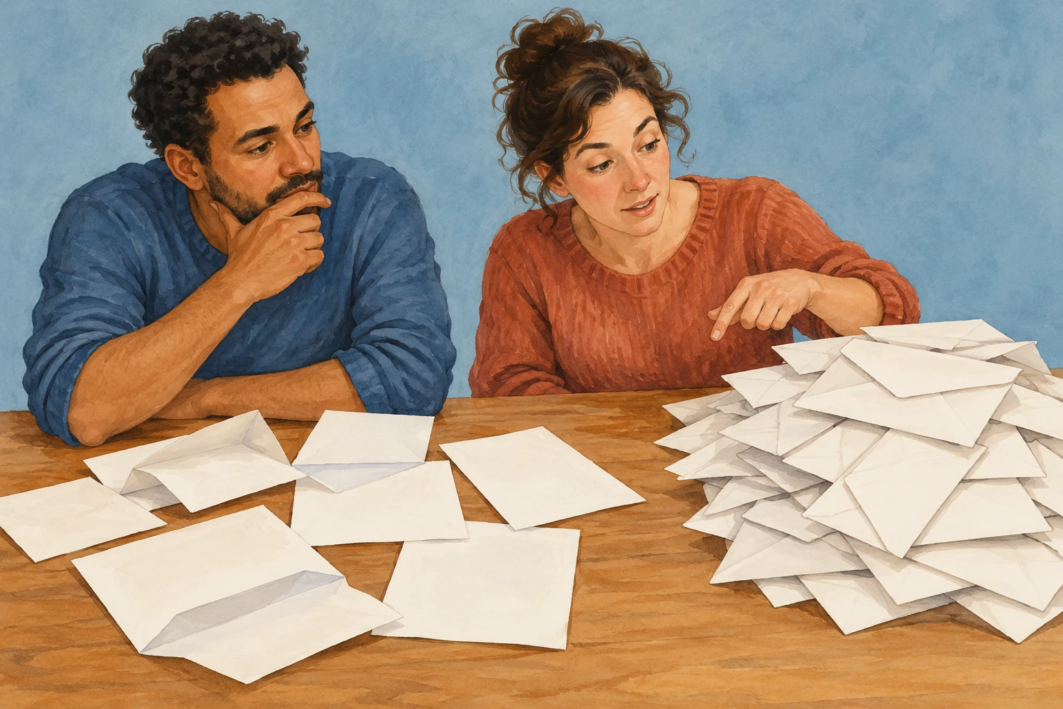 Two adults review opened blank envelopes beside a larger pile of unopened envelopes.