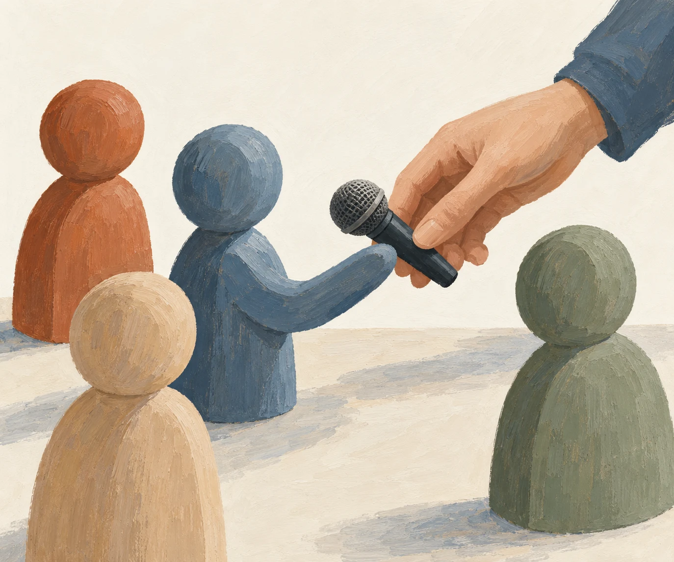 A hand offers a microphone to a blue wooden figure among four figures.