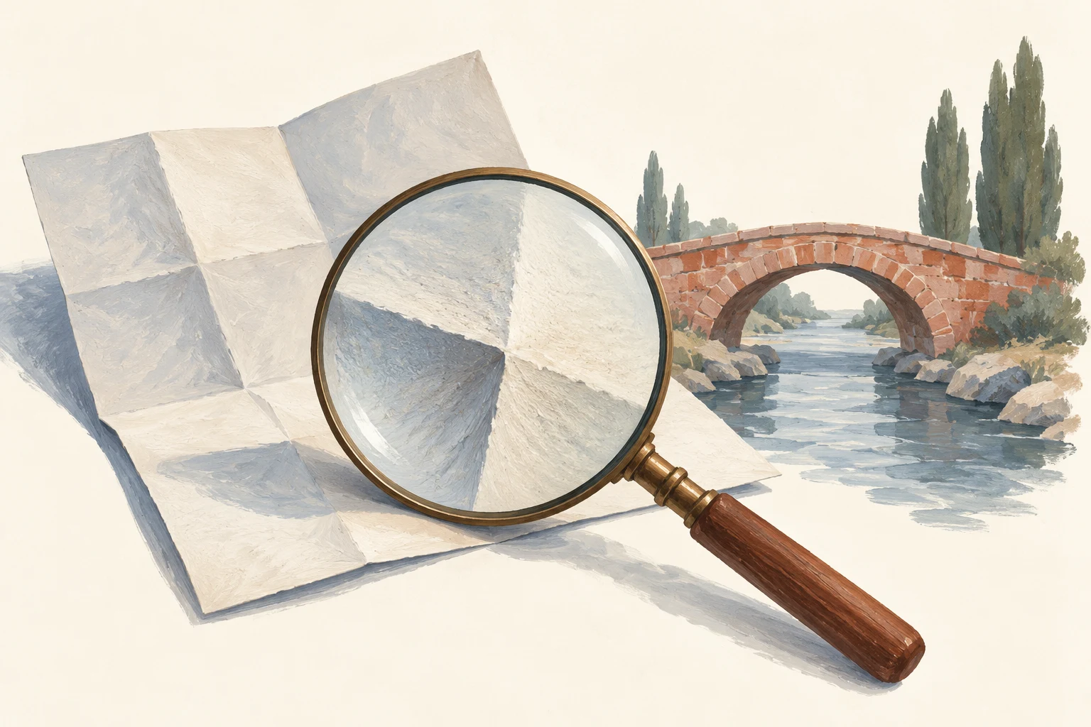 A magnifying glass rests over a folded blank sheet, with a stone bridge in the background.