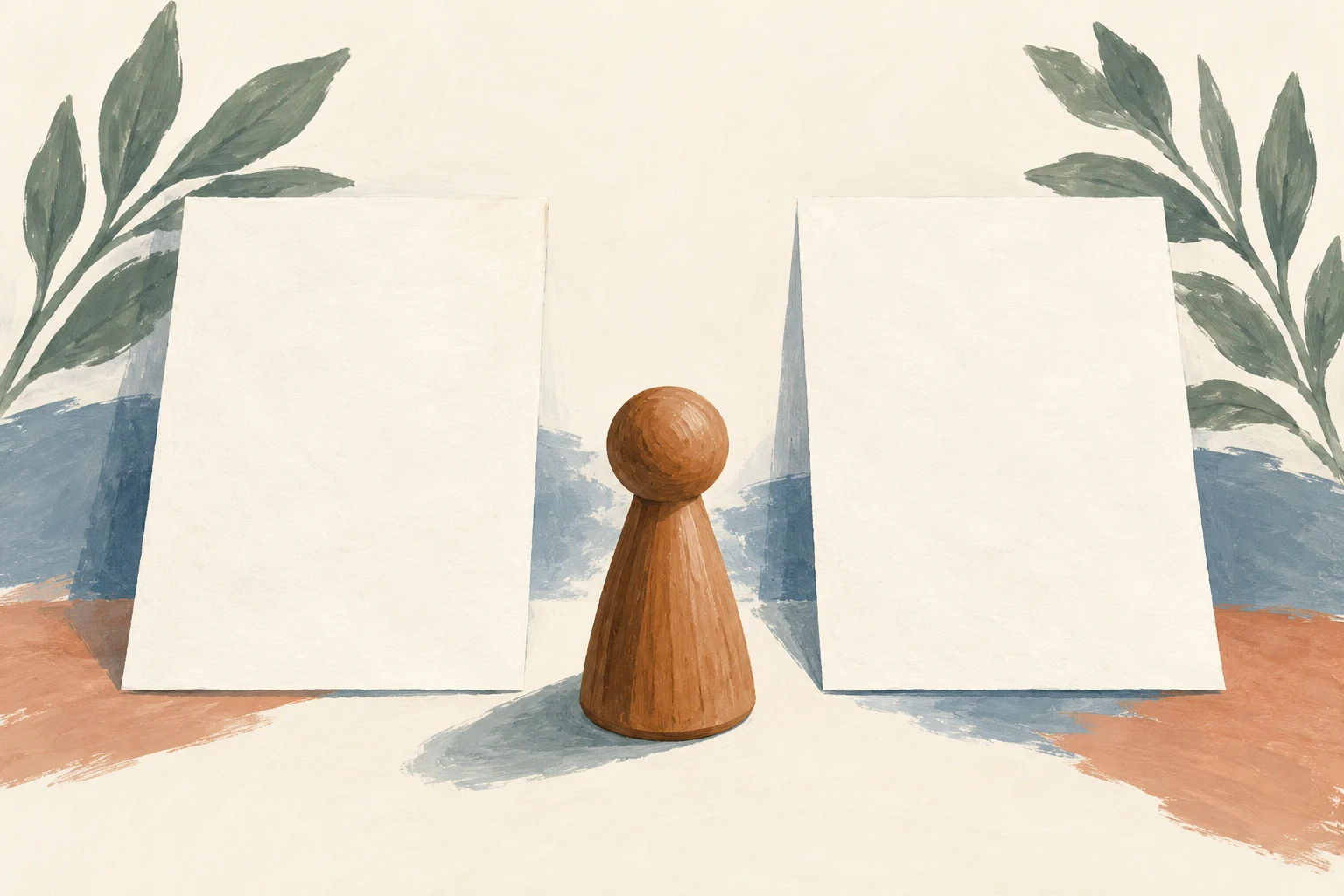 A wooden figure stands between two upright blank sheets.
