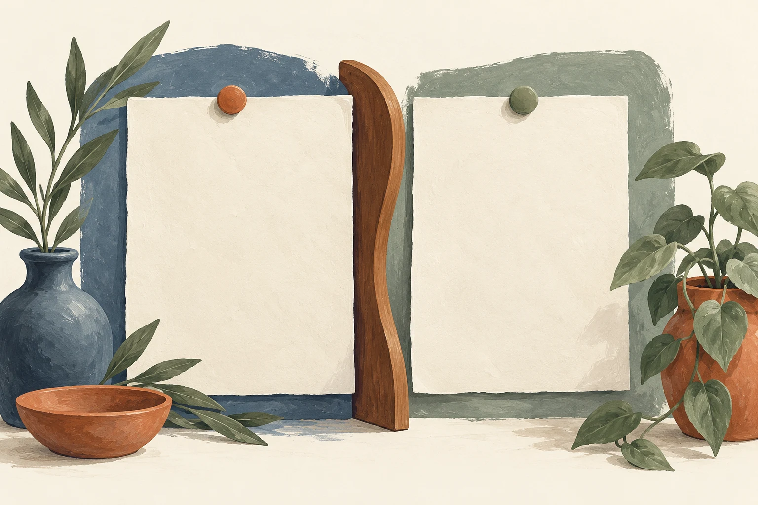 Two pinned blank sheets stand on either side of a wooden divider.