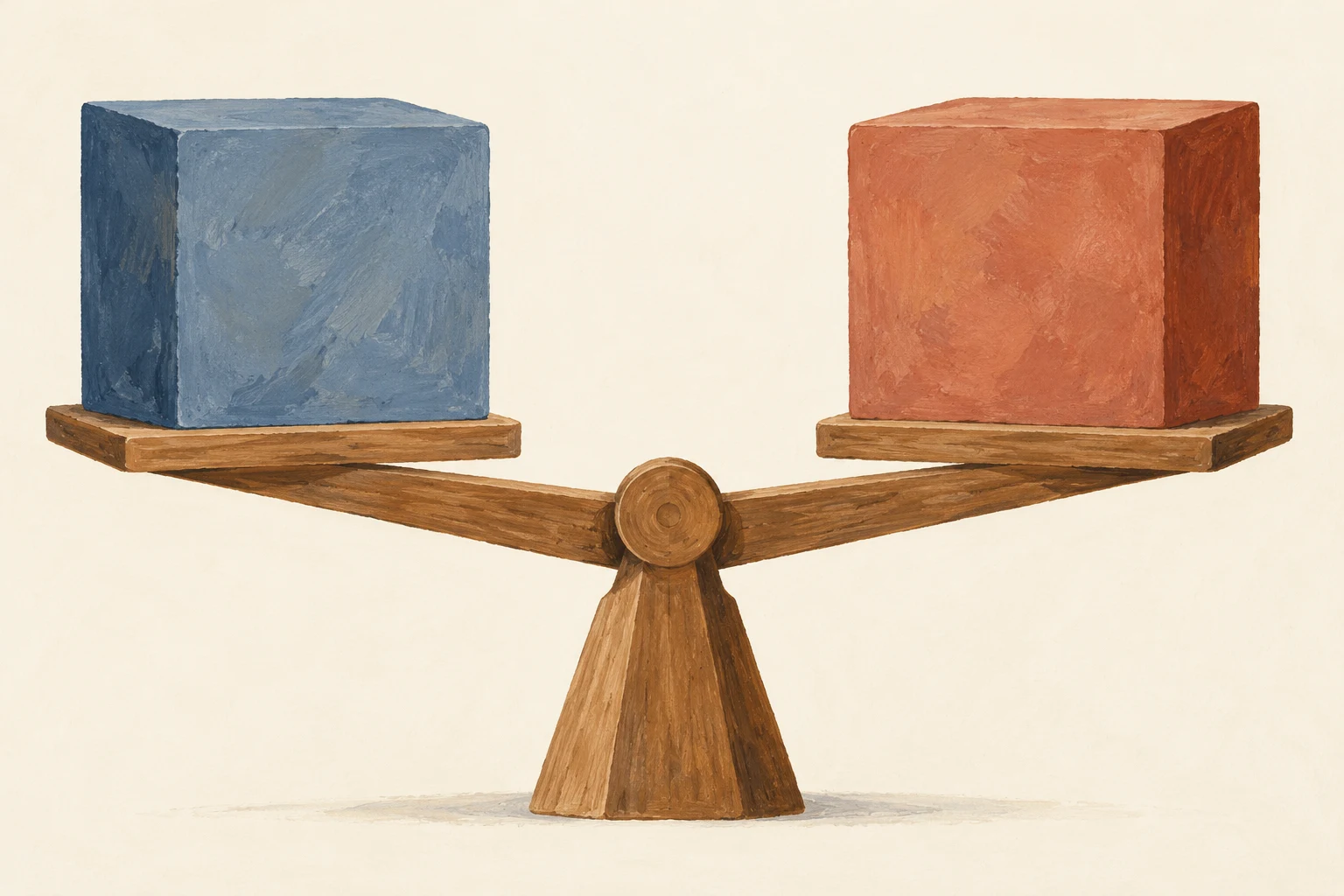 A blue block and a terracotta block rest on opposite arms of a wooden balance.