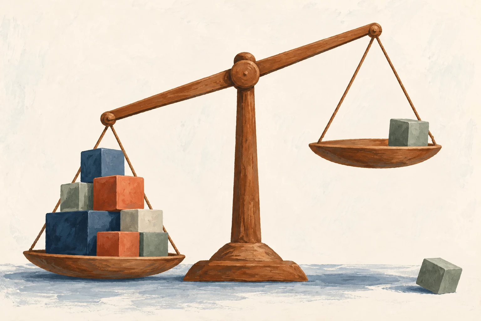 The heavily loaded left pan of a wooden balance hangs lower than the right pan carrying one block.