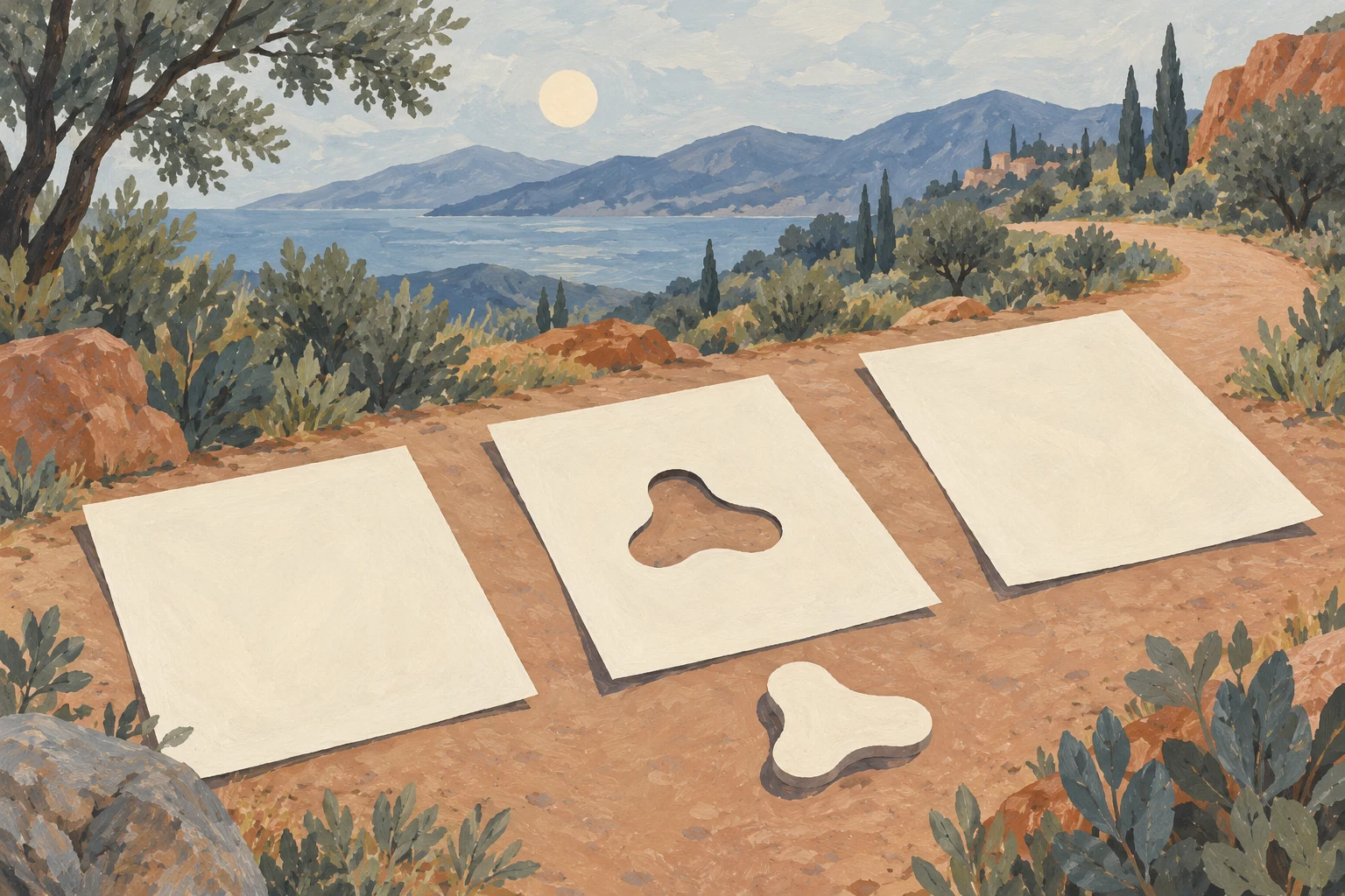 Three blank sheets lie along a garden path; a piece is missing from the middle sheet and rests beside it.
