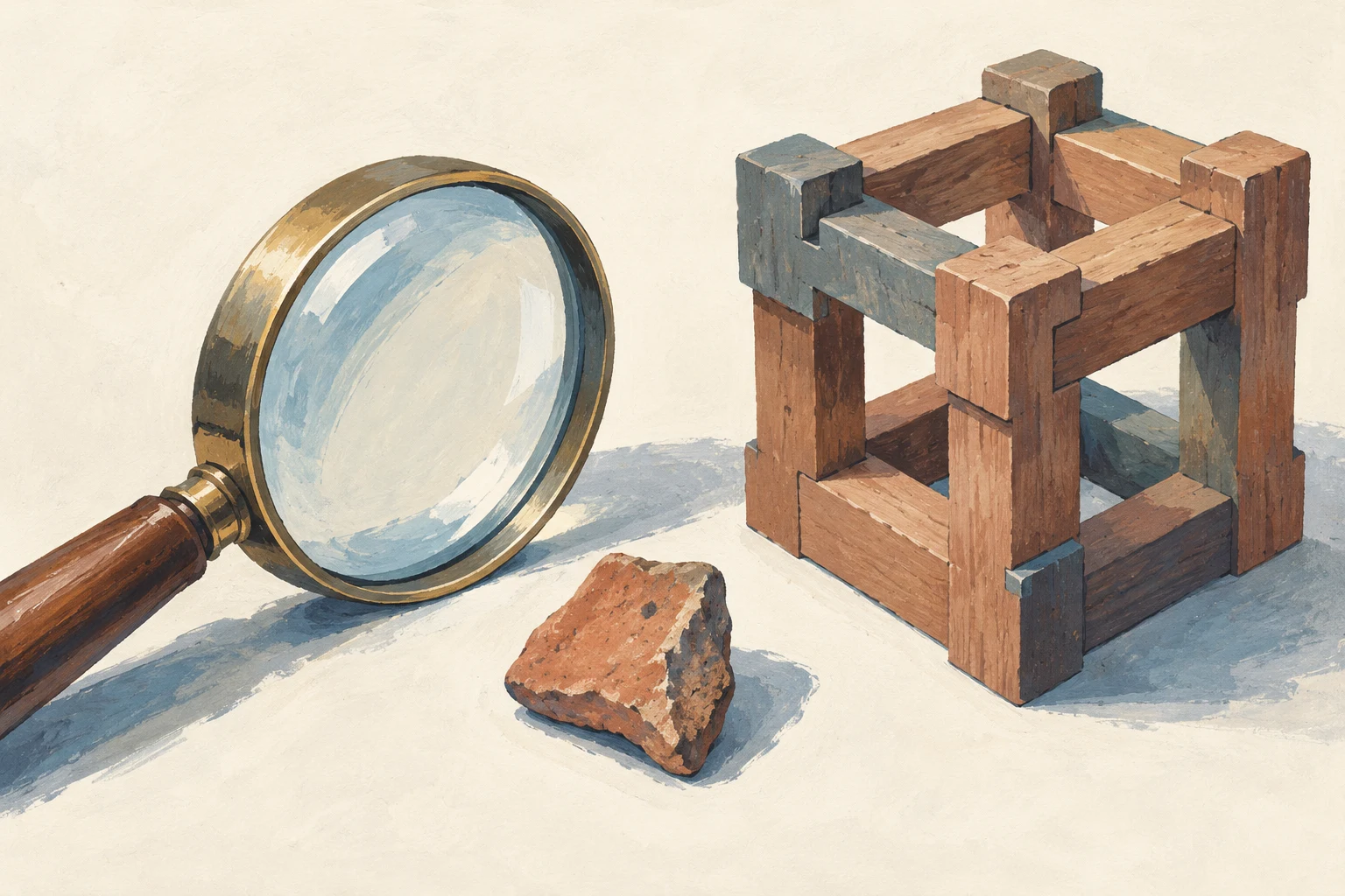 A magnifying glass and a small stone sit beside a wooden cube-shaped frame.