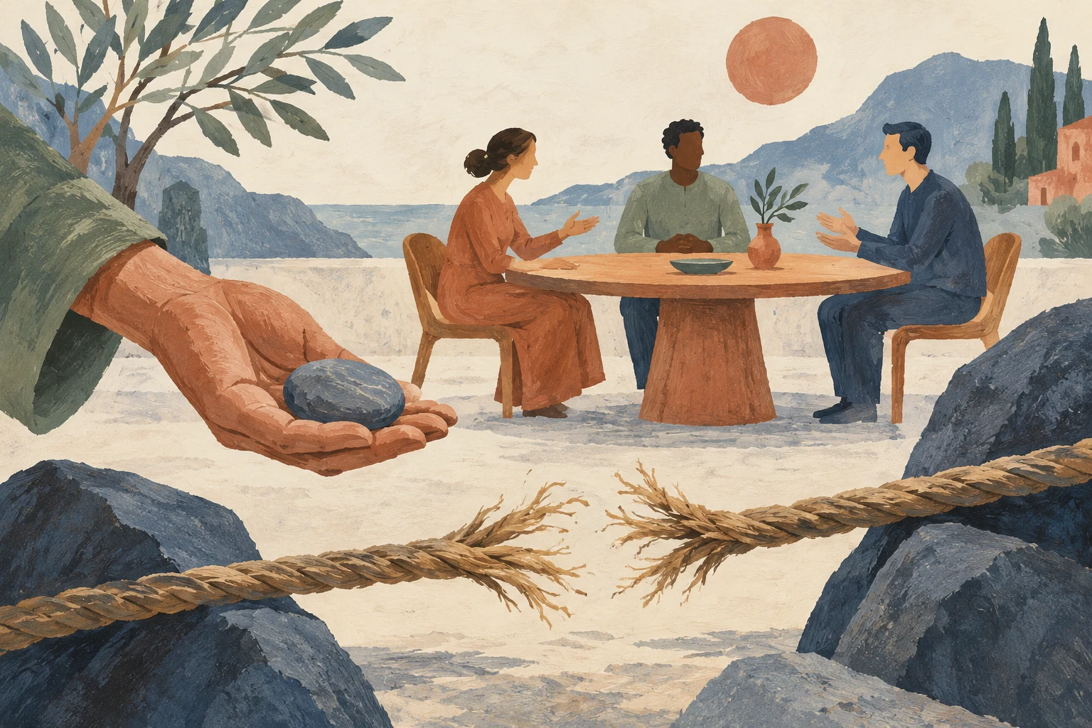 Three adults talk at a table; a foreground hand offers a small stone above a broken rope.