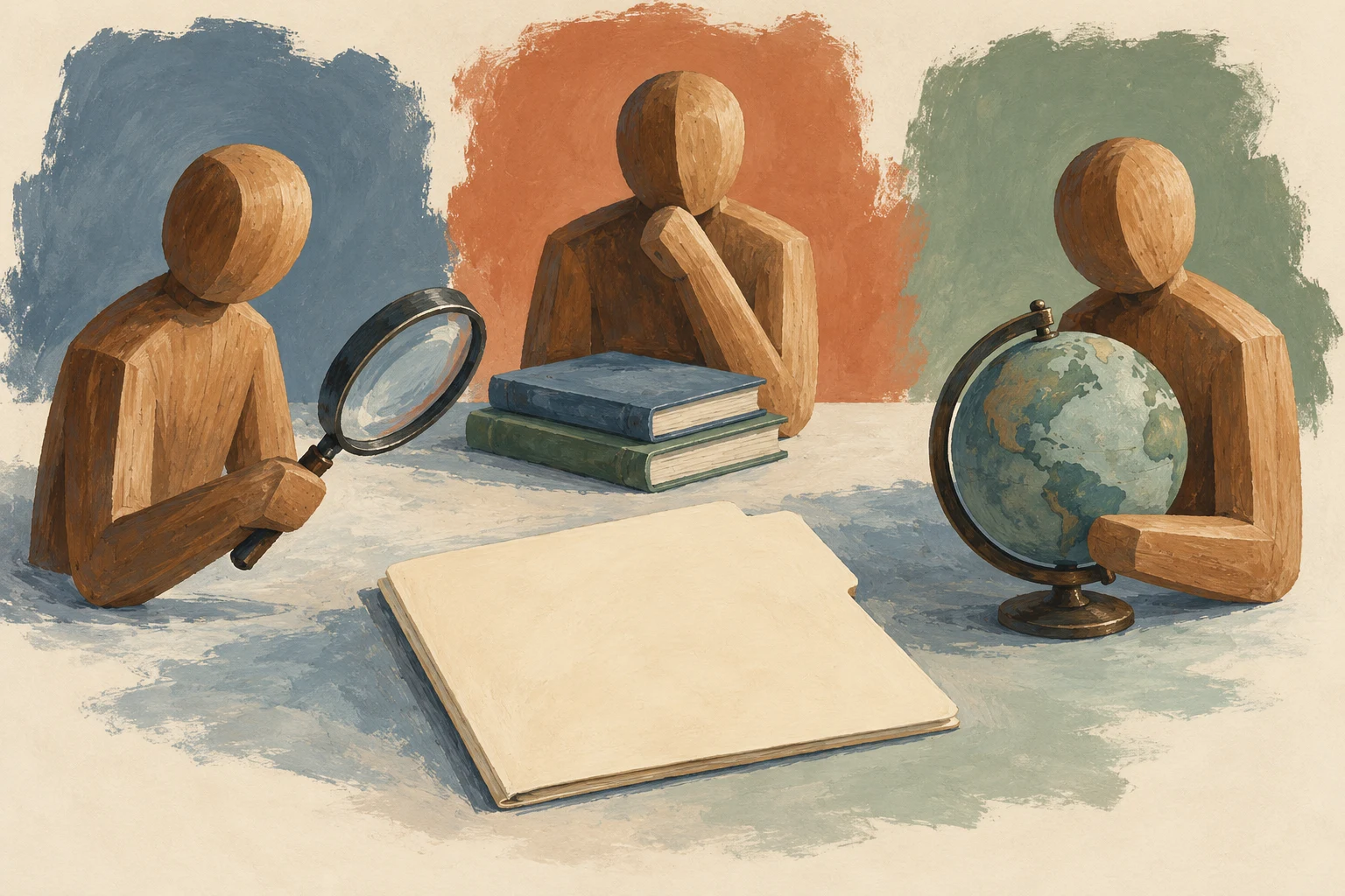 Three wooden figures examine a blank sheet beside a magnifying glass, books and a globe.