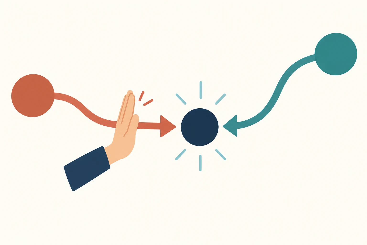 A raised hand blocks an orange arrow towards a dark circle while a teal arrow approaches from the other side.