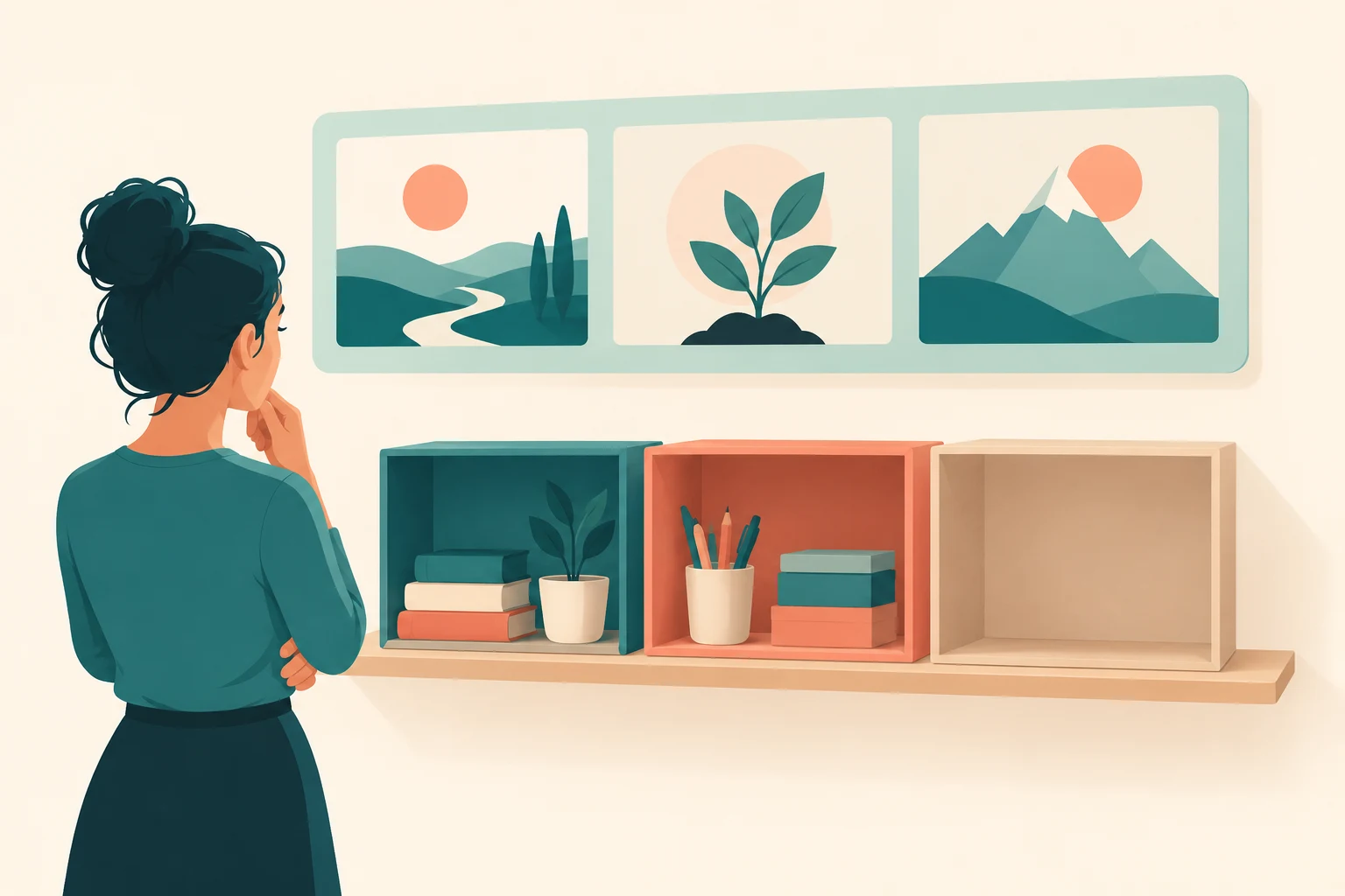A woman looks at three framed pictures above three compartments; two compartments contain objects and the third is empty.
