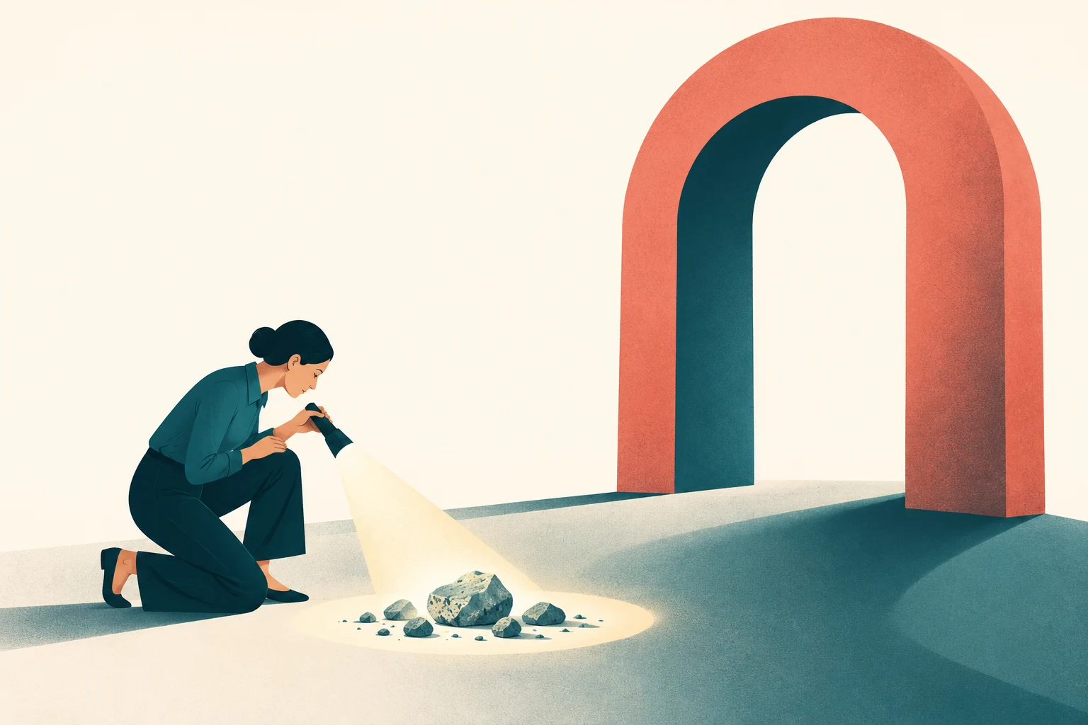 A kneeling person shines a torch on several stones beside a large arch.