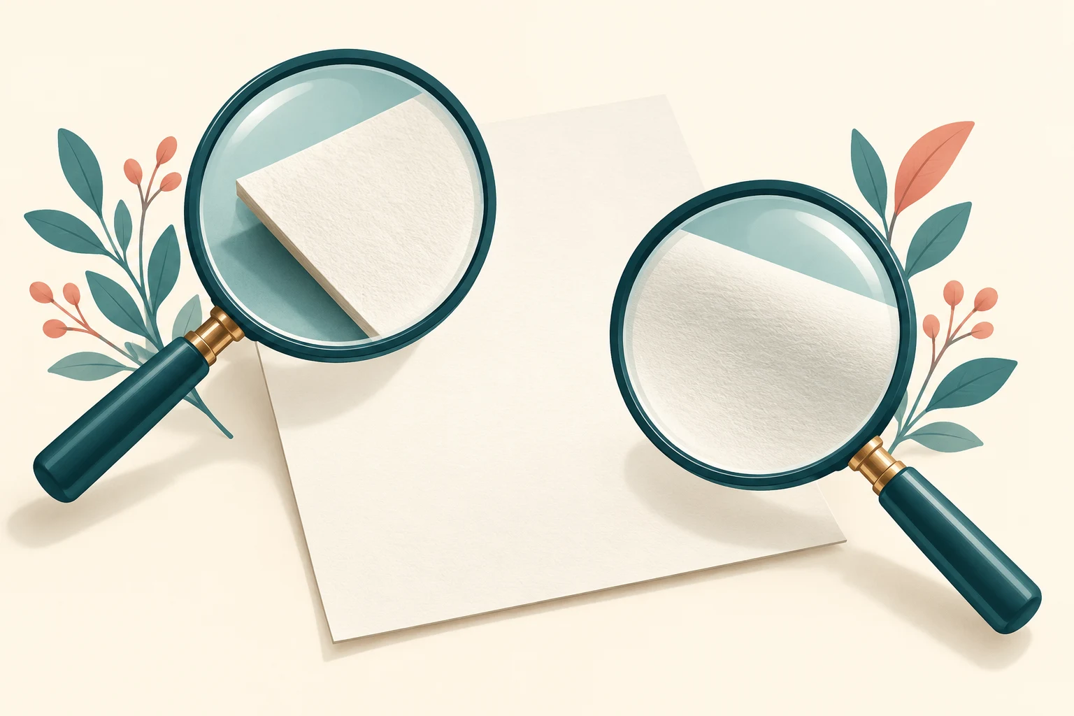 Two magnifying glasses rest over different parts of a blank sheet.