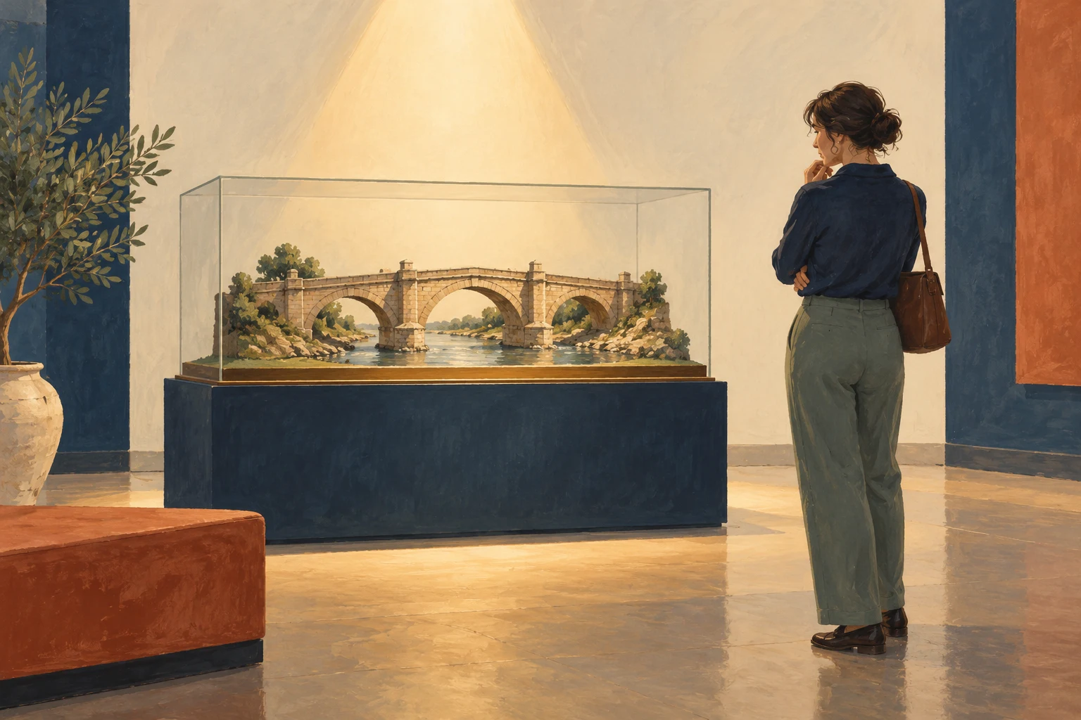 A museum visitor studies a model of an old bridge inside a glass case.