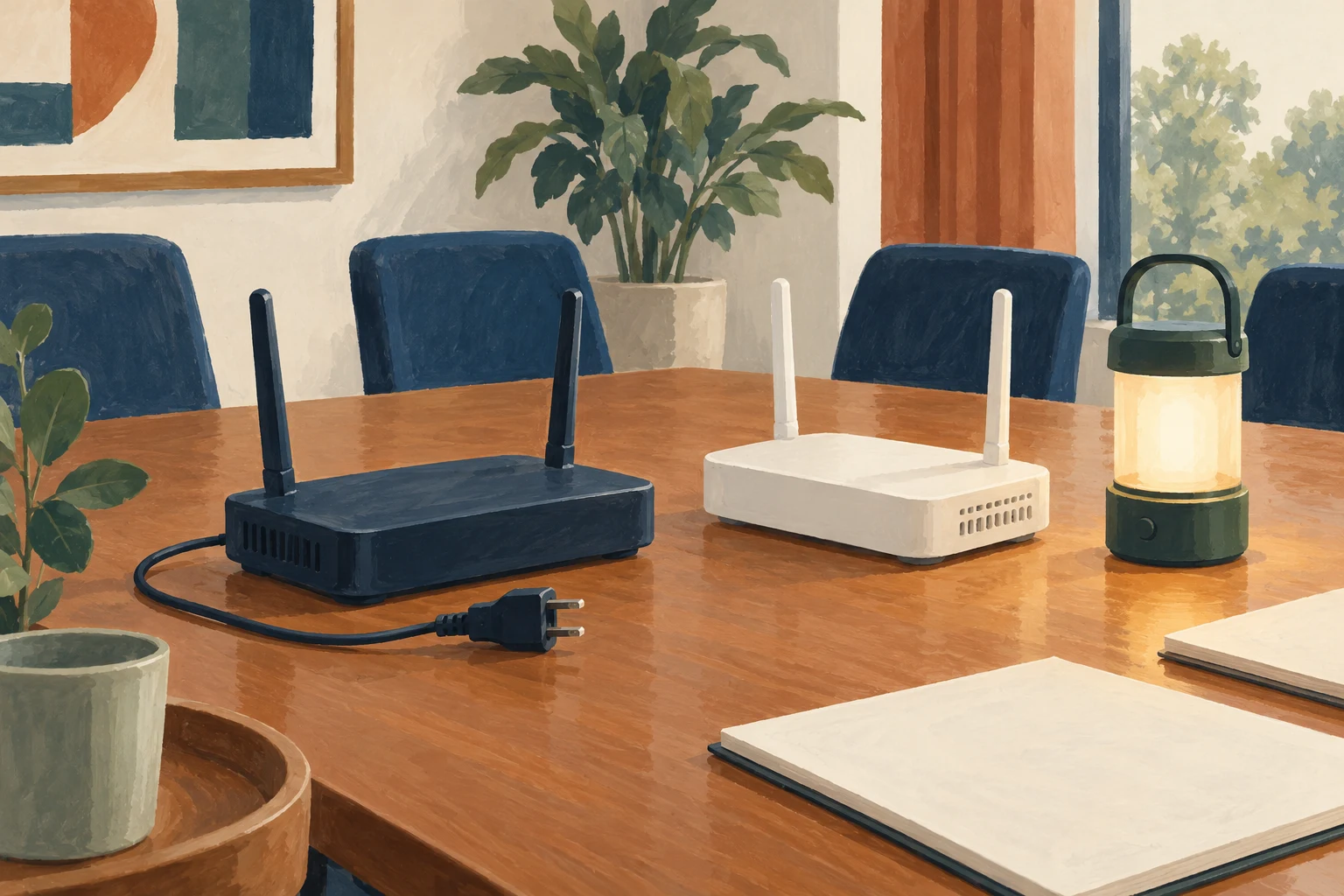 Two routers, a portable lamp and blank papers sit on a meeting table.