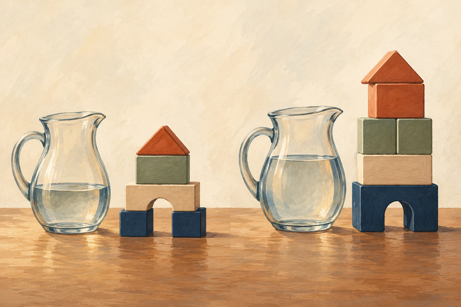 Two water jugs stand beside block towers of different heights.