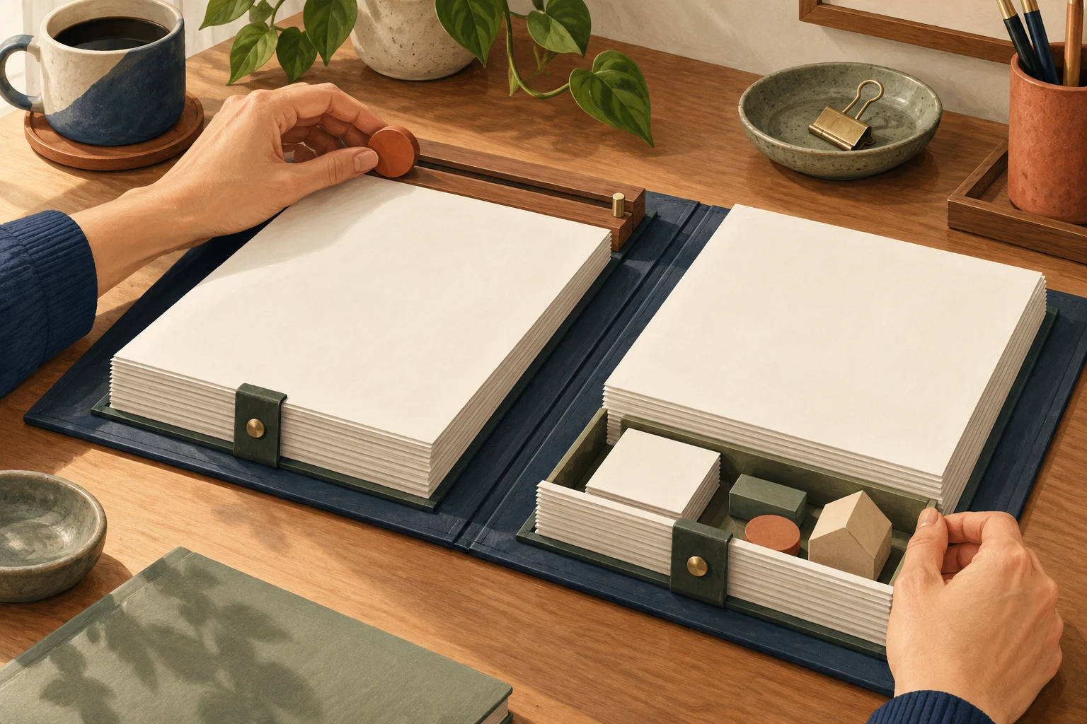 Blank papers fill an open organiser as hands hold a small round marker and the folder’s edge.