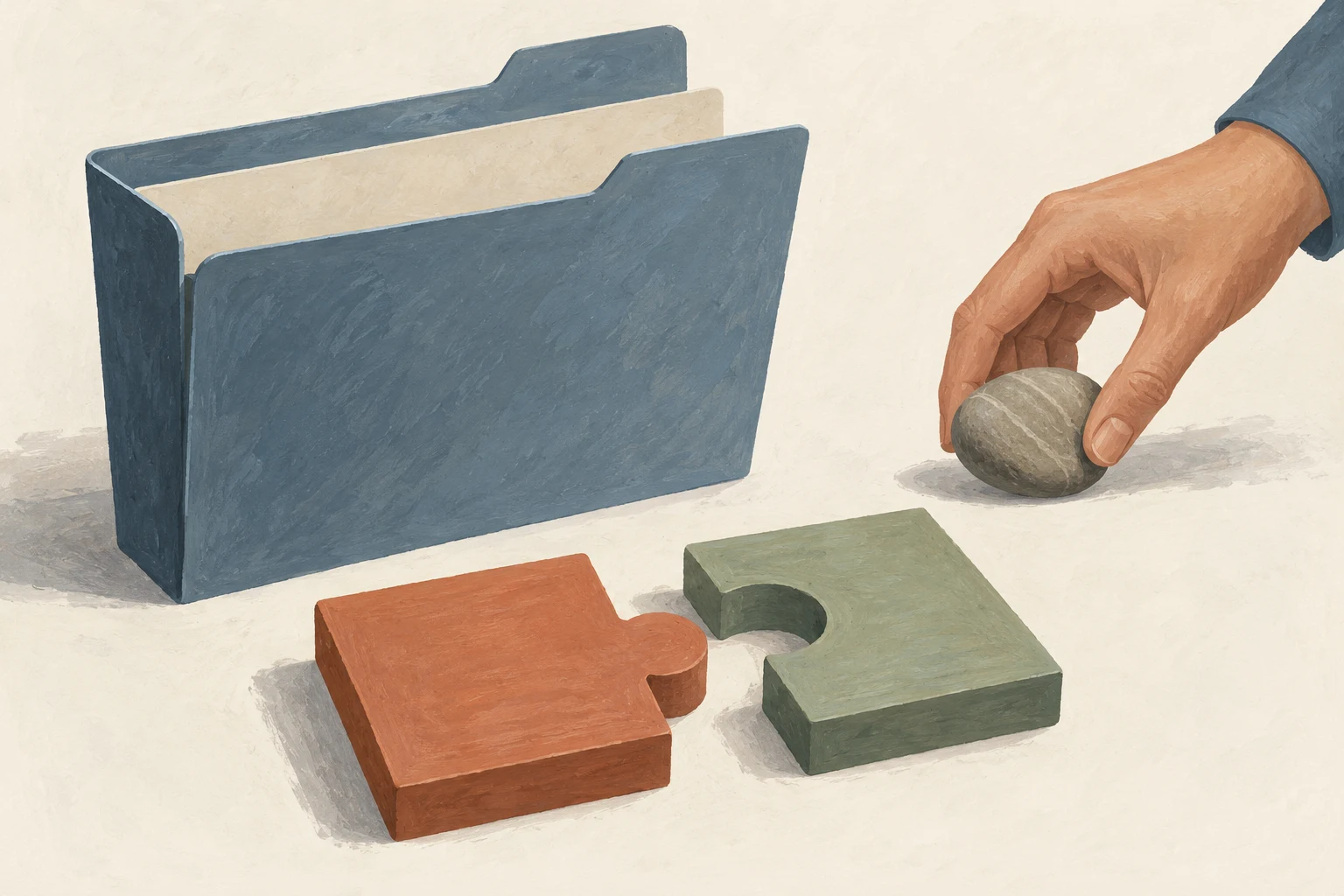 An open blue folder, two puzzle pieces and a hand holding a smooth stone.