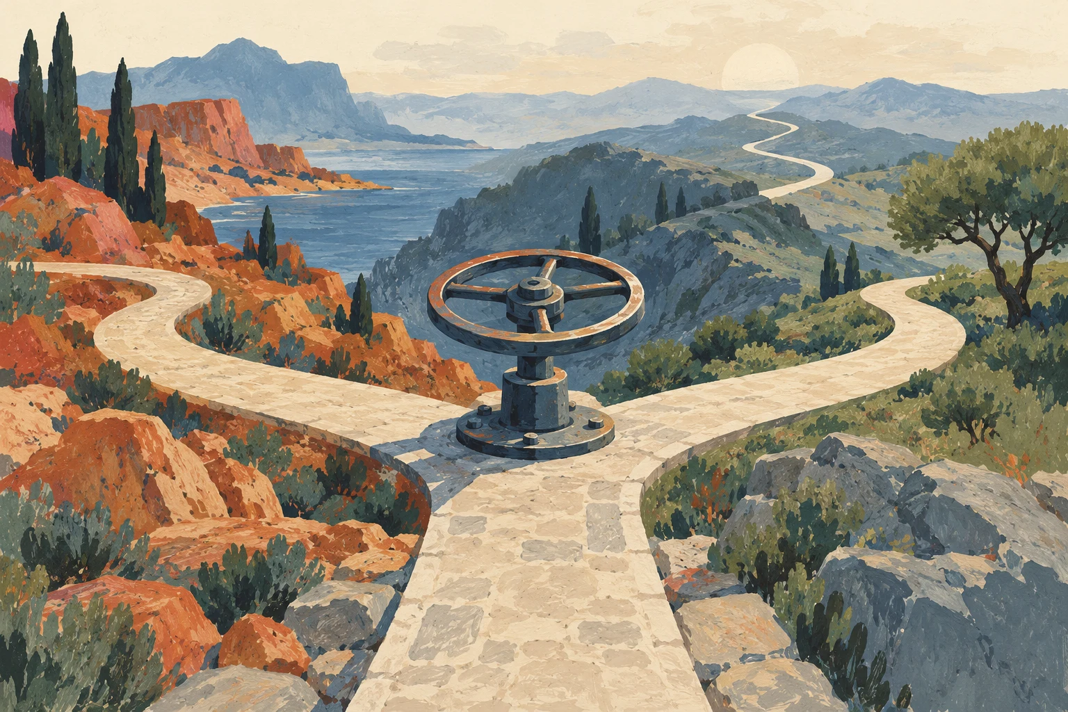 A metal wheel stands at a fork in a stone path overlooking hills and a winding valley.