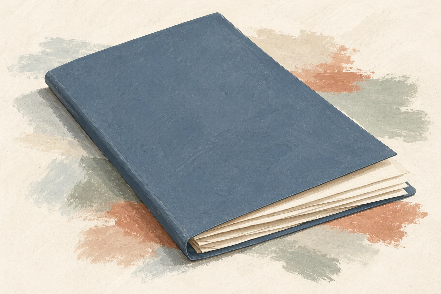 A closed blue folder with a small stack of cream papers inside.