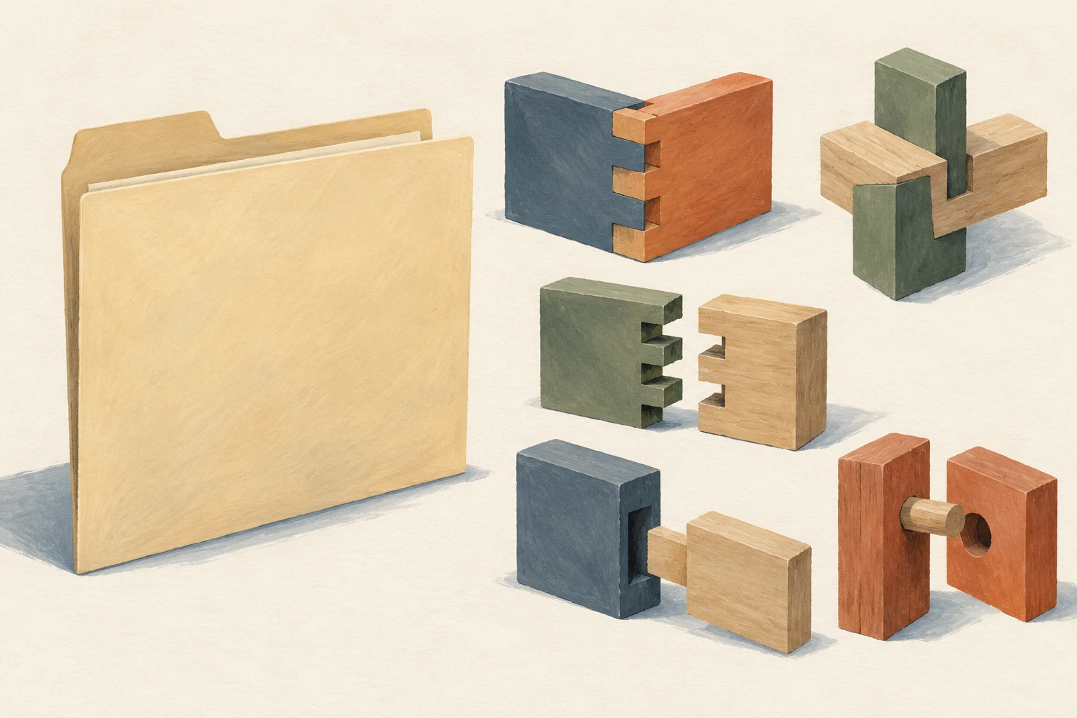 A yellow folder surrounded by wooden pieces with several different joints.