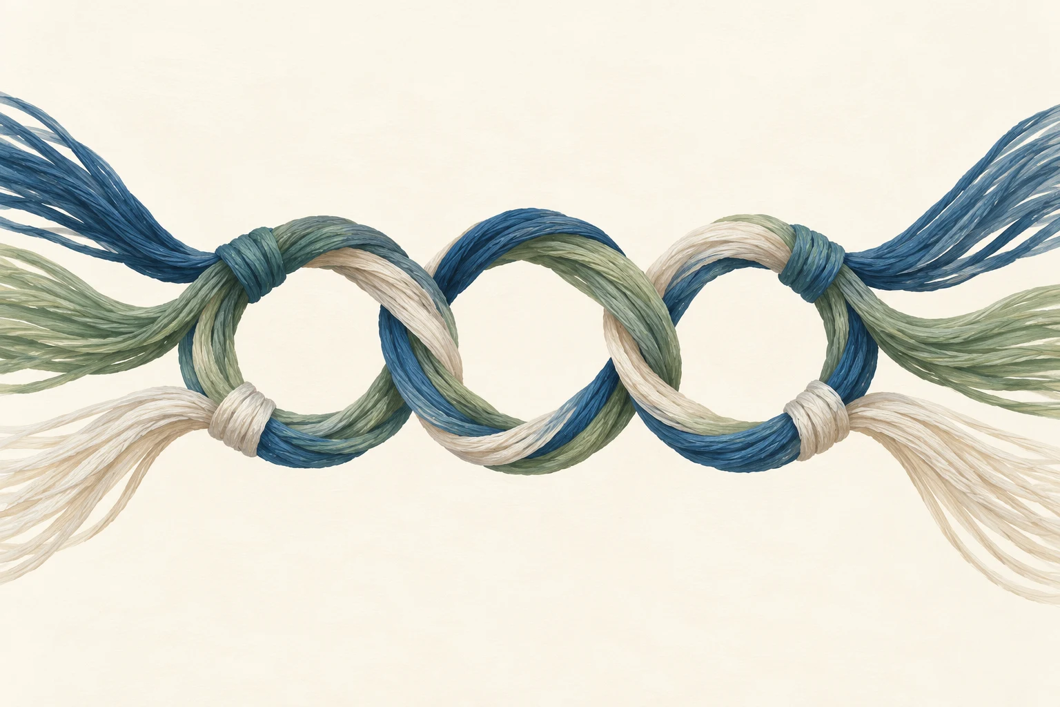 Three interlocking rings made from blue, sage-green and cream threads.