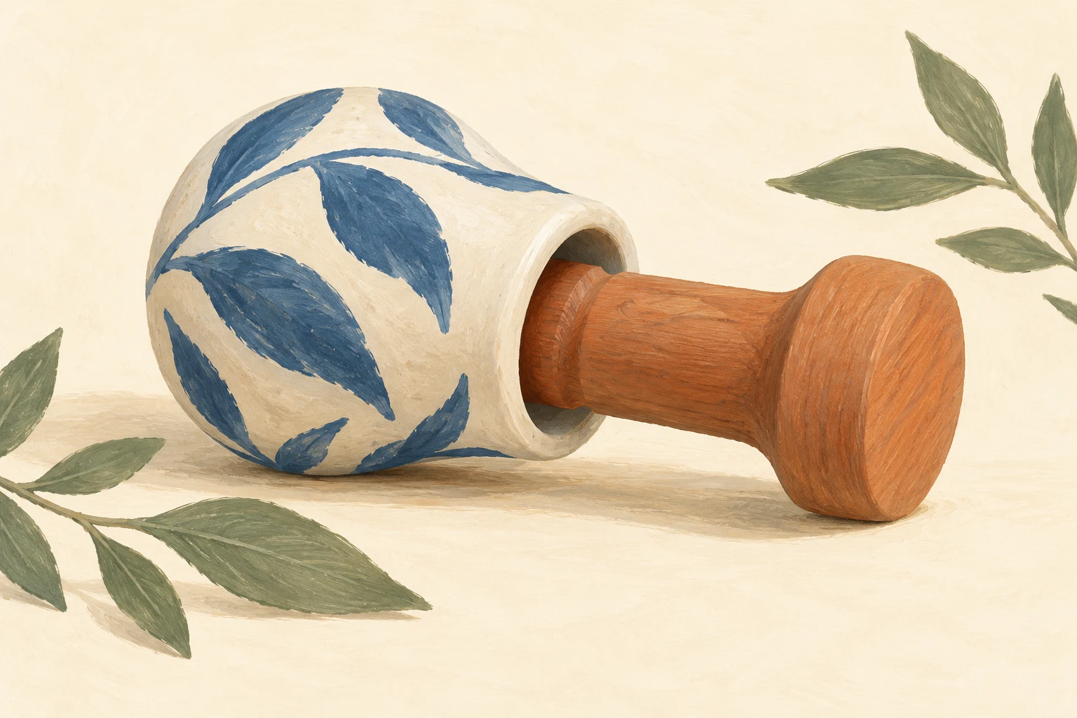 A wooden peg fits inside the round opening of a ceramic vessel patterned with leaves.