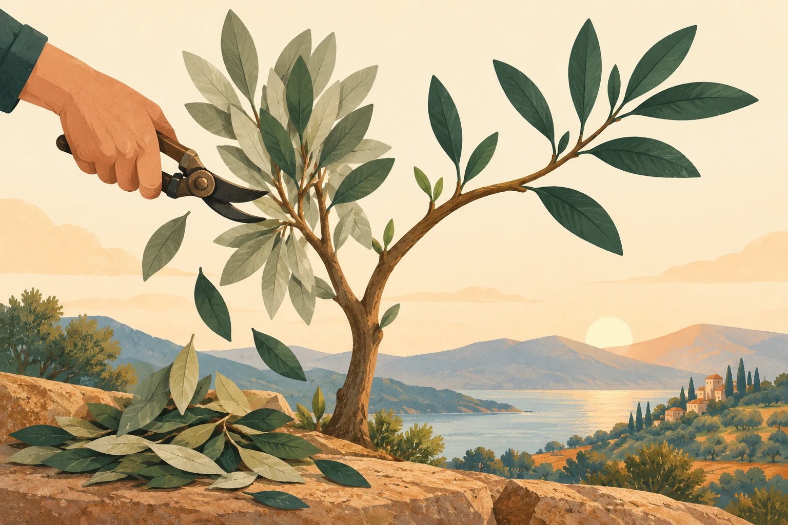 A hand prunes a small leafy tree with shears; cut branches lie on the ground beside its trunk.