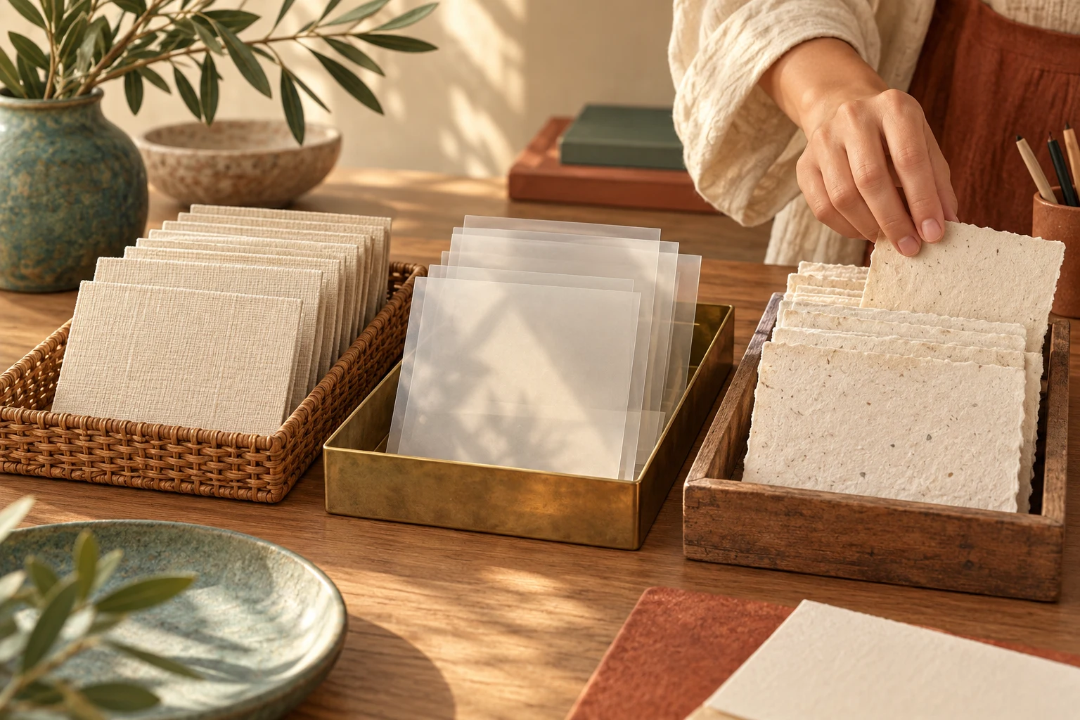 Three trays hold blank cards and sheets of different textures; a hand keeps the materials in separate groups.