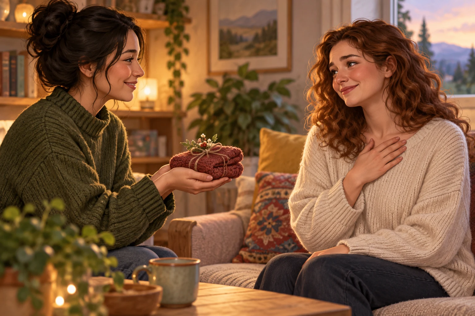 A recipient reacts with a hand over the heart to a small handmade gift while the friends’ hands remain apart.