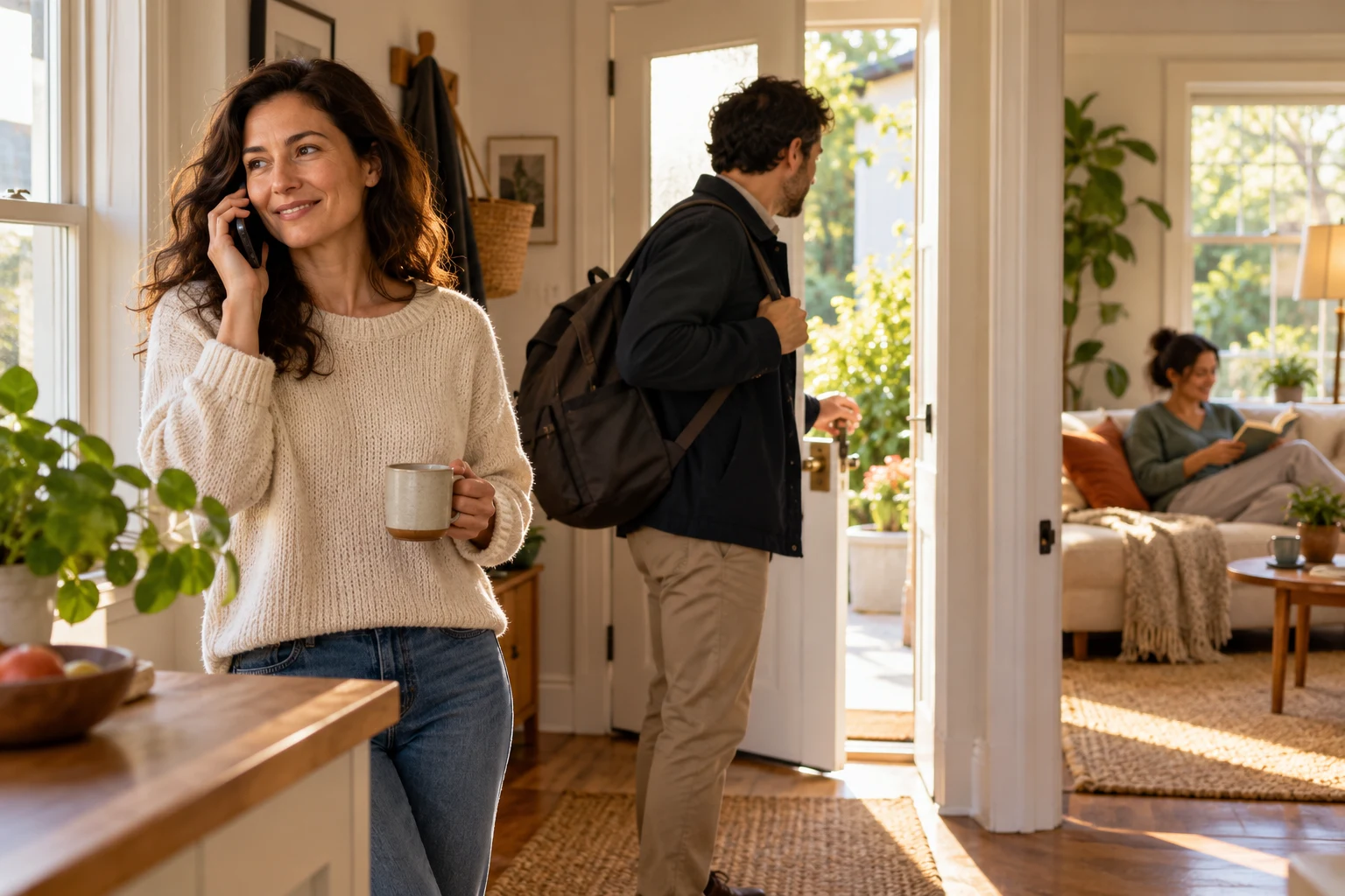 A person calls a relative from home while one family member prepares to leave for work and another stays in.