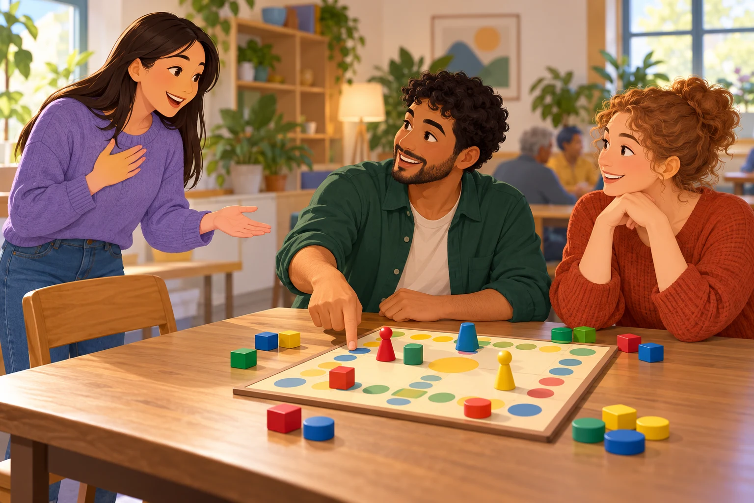 A woman joining two players at a table with a board and coloured playing pieces.