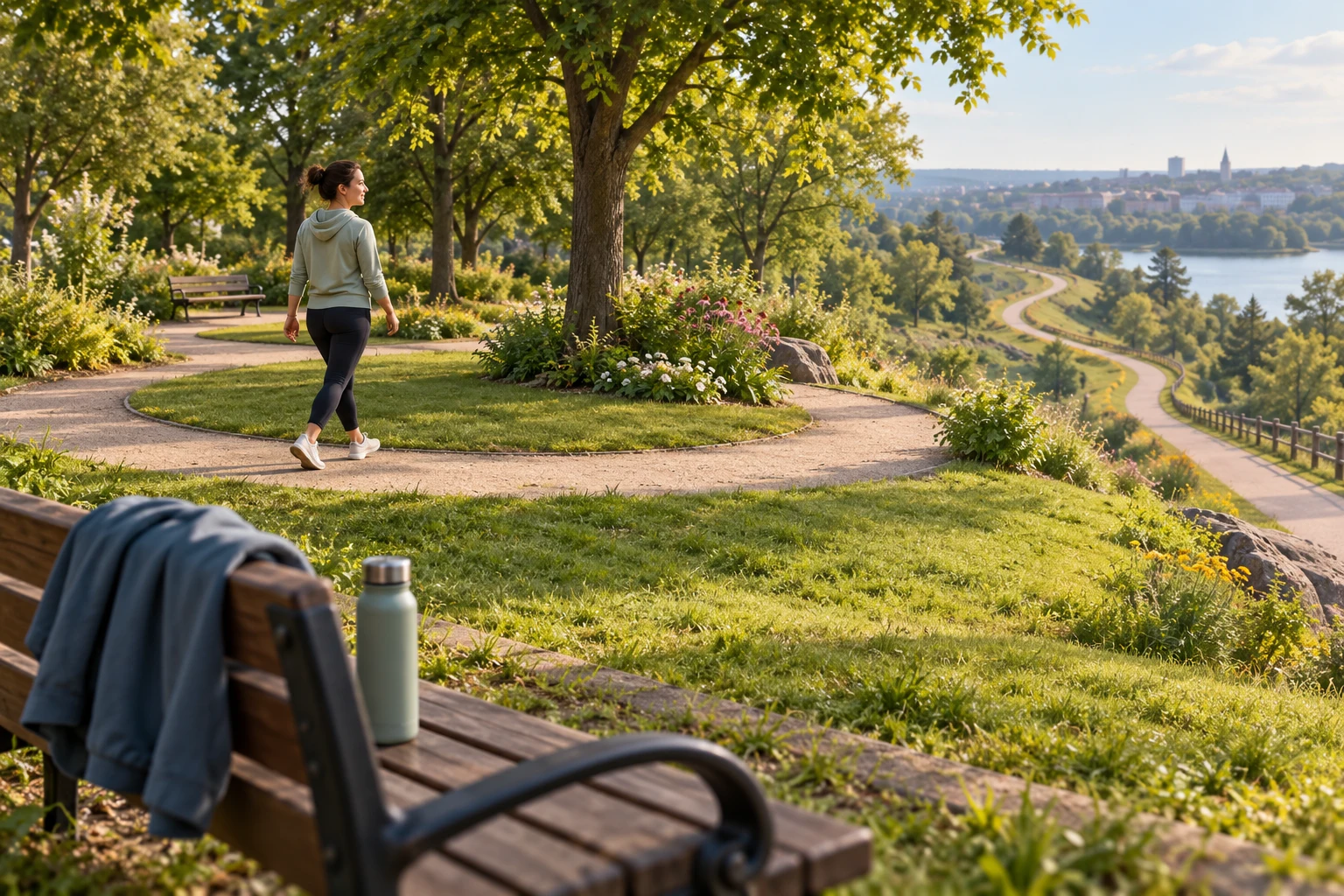 A person walks a short relaxed loop in a park with a longer path visible in the distance.