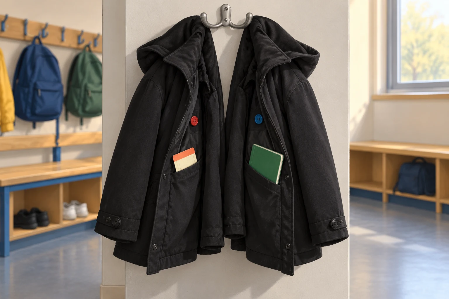 Two black coats on a double wall hook, with red and blue inside buttons and distinct pocket items.