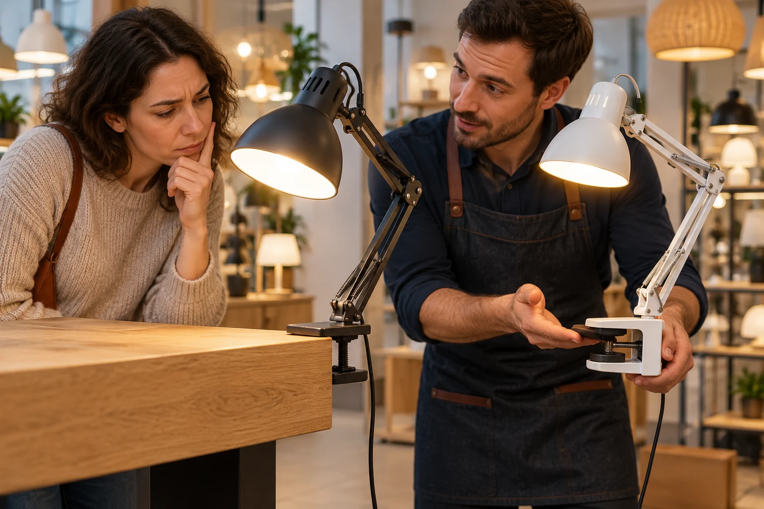 A desk lamp shines but its clamp is too narrow for a thick desk as a customer discusses another model with a shop assistant.