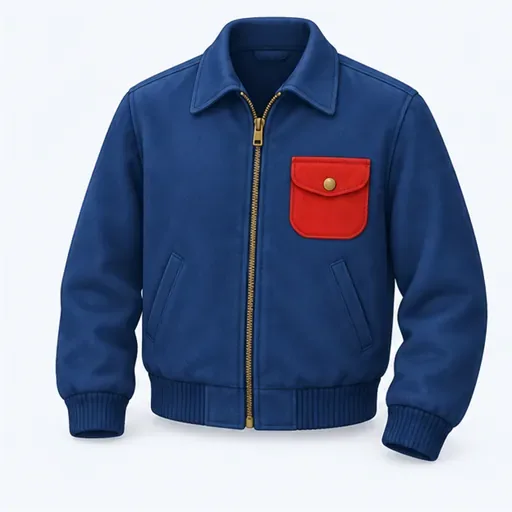 une veste bleue avec une poche rouge: una chaqueta azul con un bolsillo rojo