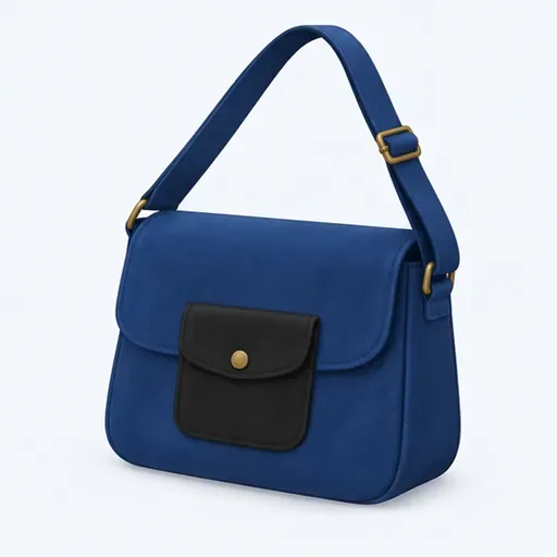 un sac bleu avec une poche noire: un bolso azul con un bolsillo negro