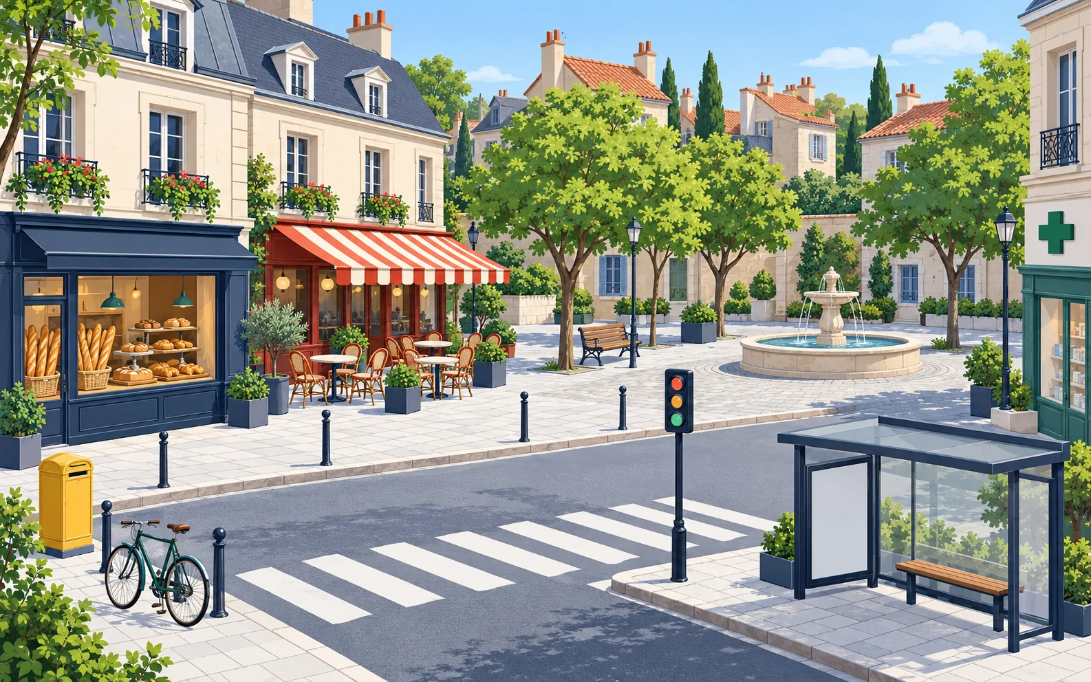 A sunny French town street: a bakery, a pharmacy, a café terrace, a post box, a bus stop, a pedestrian crossing, traffic lights, a bicycle, a bench, trees and a fountain on a small square.