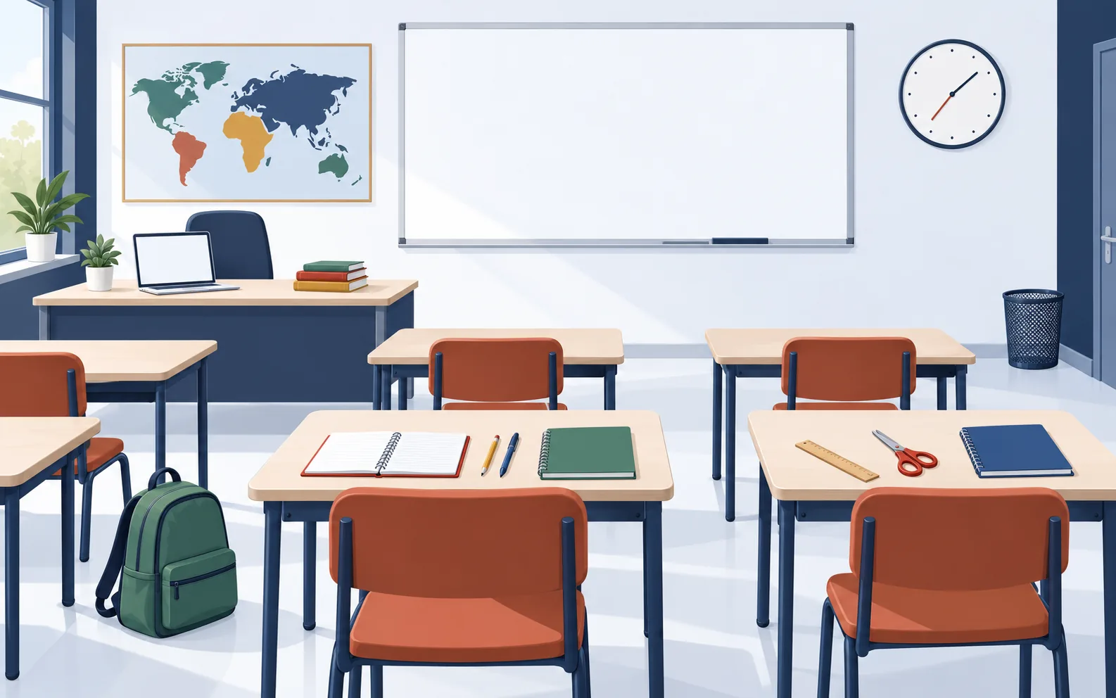A language classroom: the teacher’s desk, a whiteboard, rows of desks and chairs, a backpack, books, notebooks, pens, a ruler, scissors, a laptop, a world map and a clock.