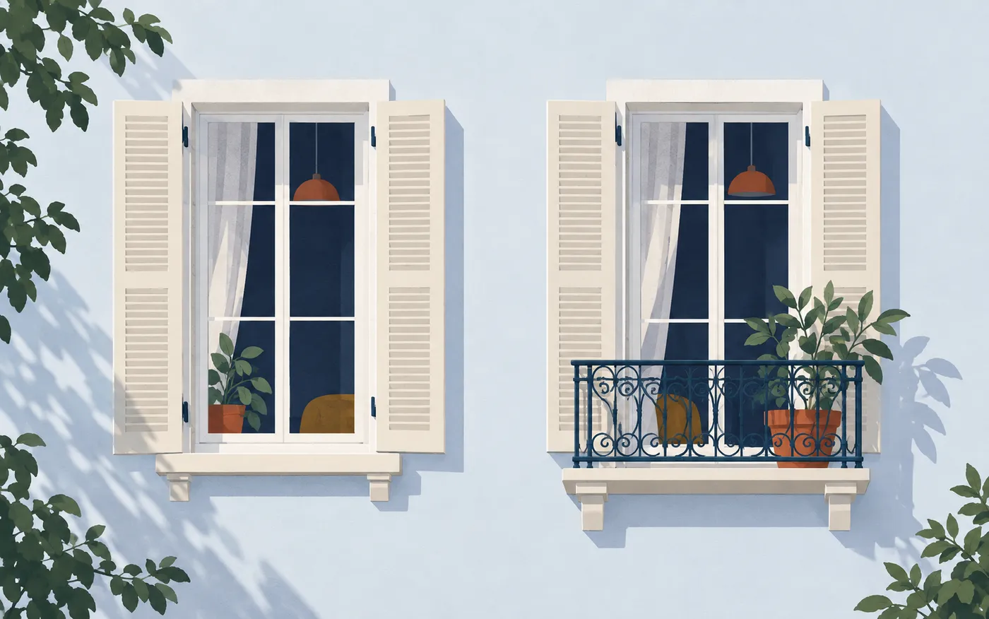 Two matching French apartment windows, with a balcony on only one.