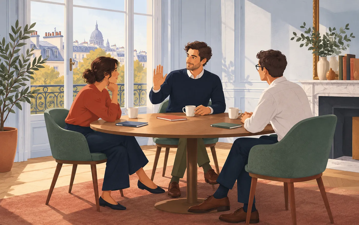 Three colleagues at a table as one raises a hand to interrupt the meeting.