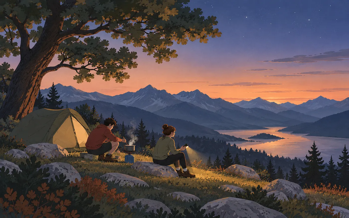 Two campers beside a tent and gas stove under a starry mountain sky.