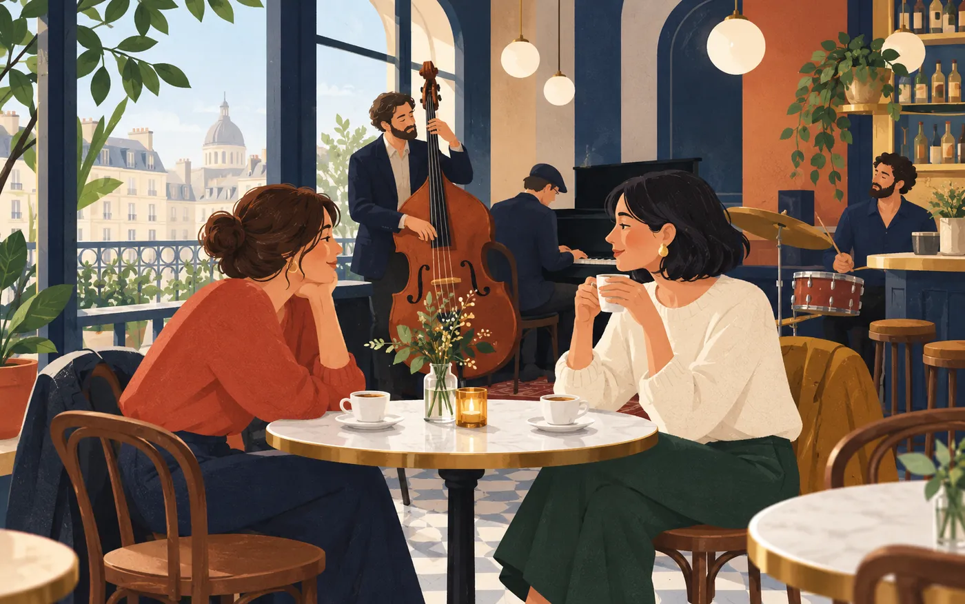 Two friends enjoying coffee and live jazz in a French café.