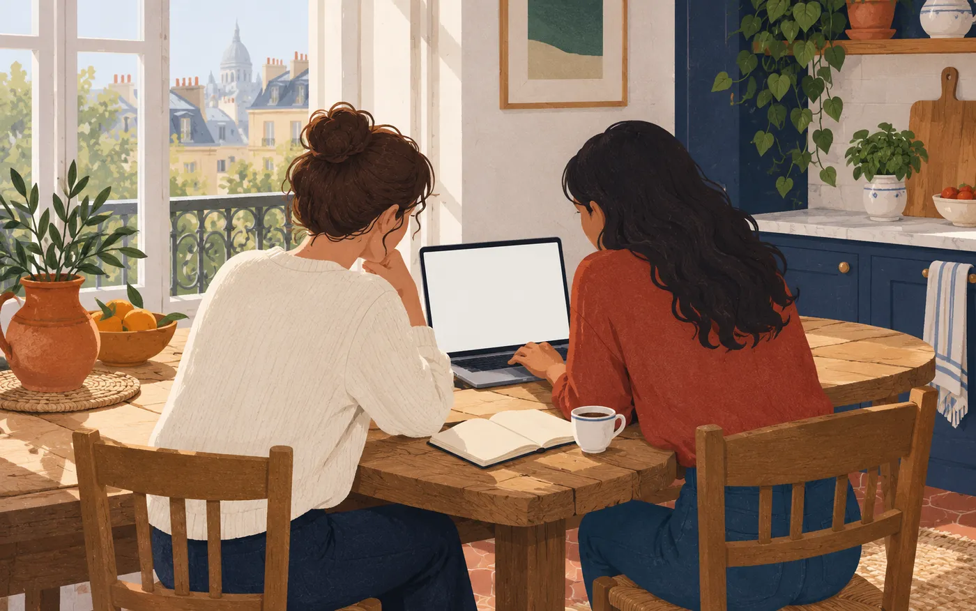 Two friends complete a registration together on a laptop at a kitchen table.