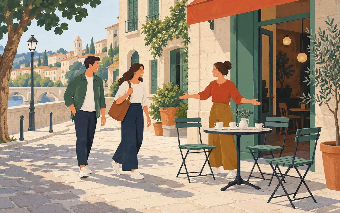 Three friends greeting one another outside a neighbourhood café.