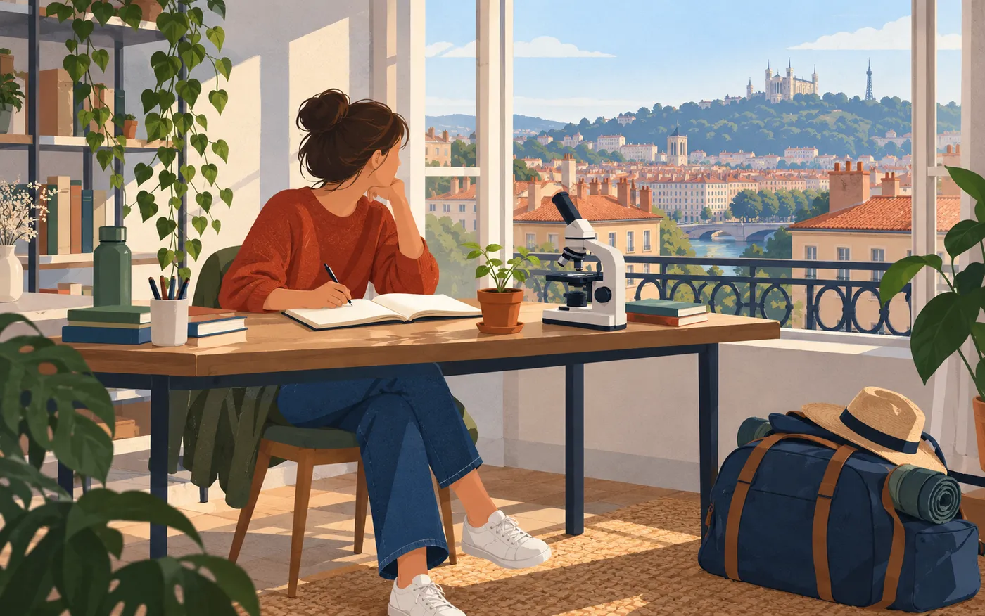 A biology student studying beside a window with a travel bag nearby.