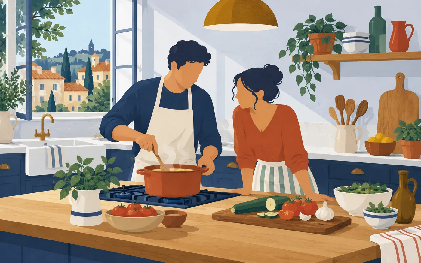 Two adults learning to cook together, one demonstrating stirring a pot in a simple French kitchen.