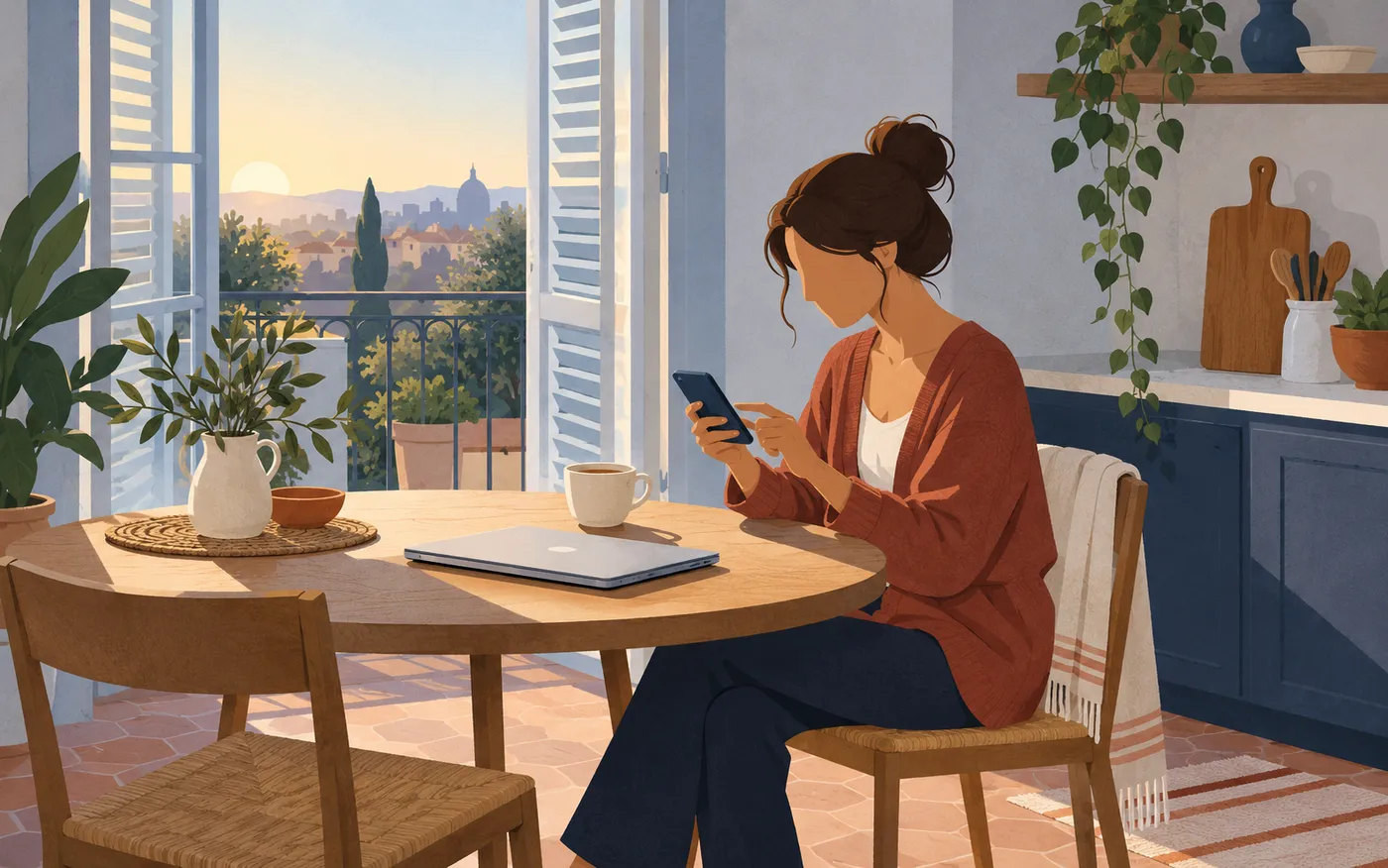 A woman replying to a phone message early in the morning.