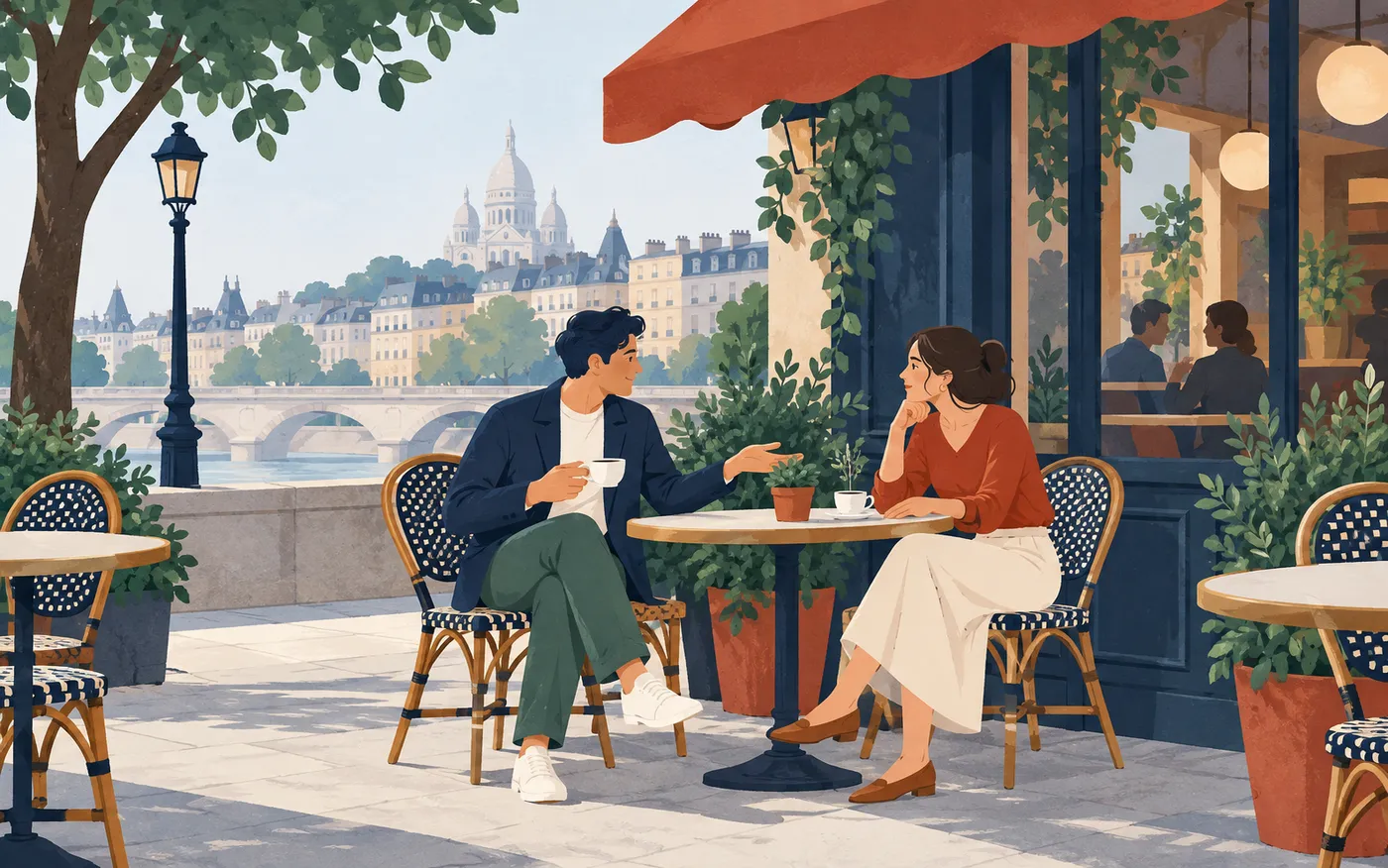 Two people talking over coffee on a French café terrace.