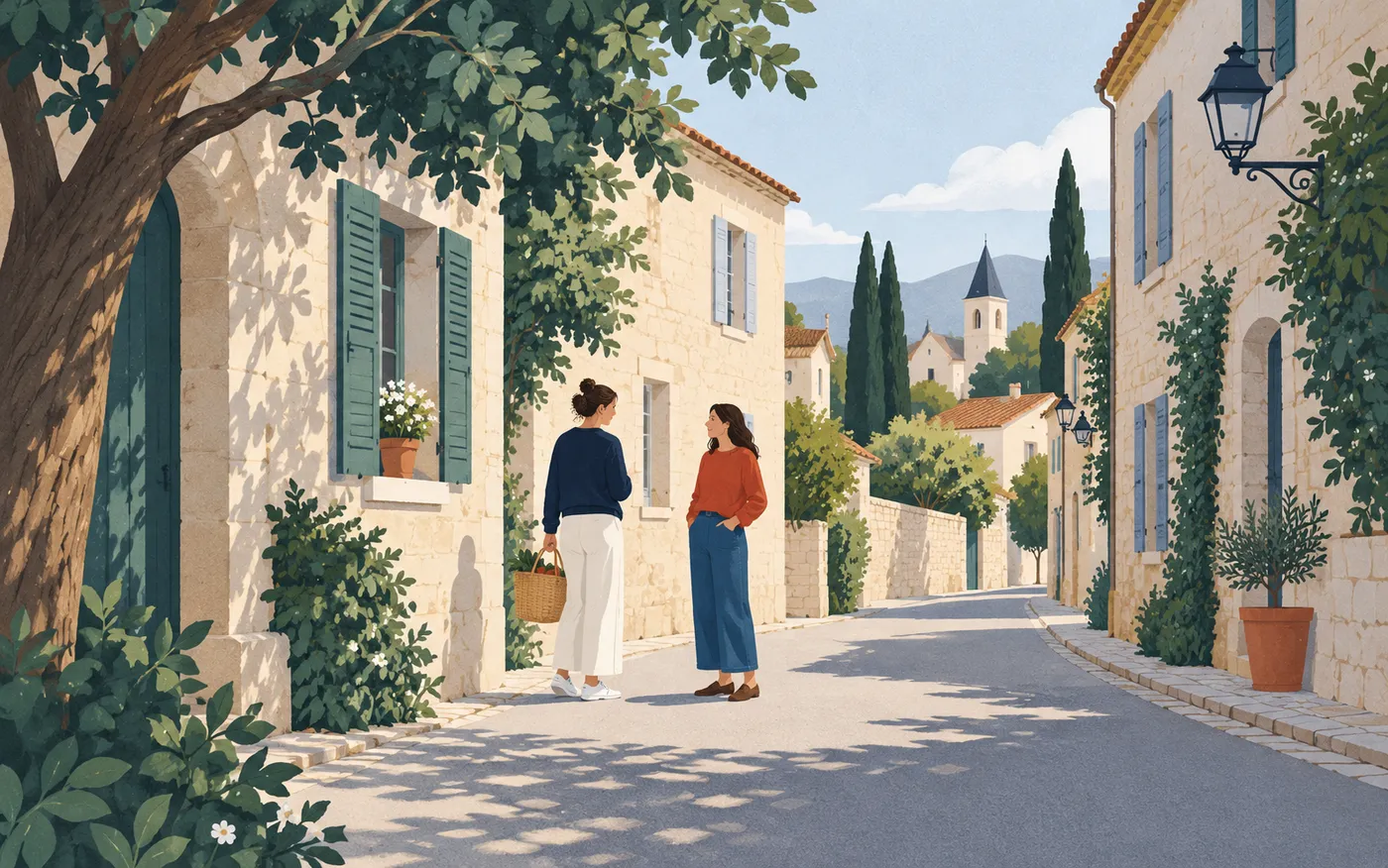 Two friends stop to talk on a French neighbourhood street.