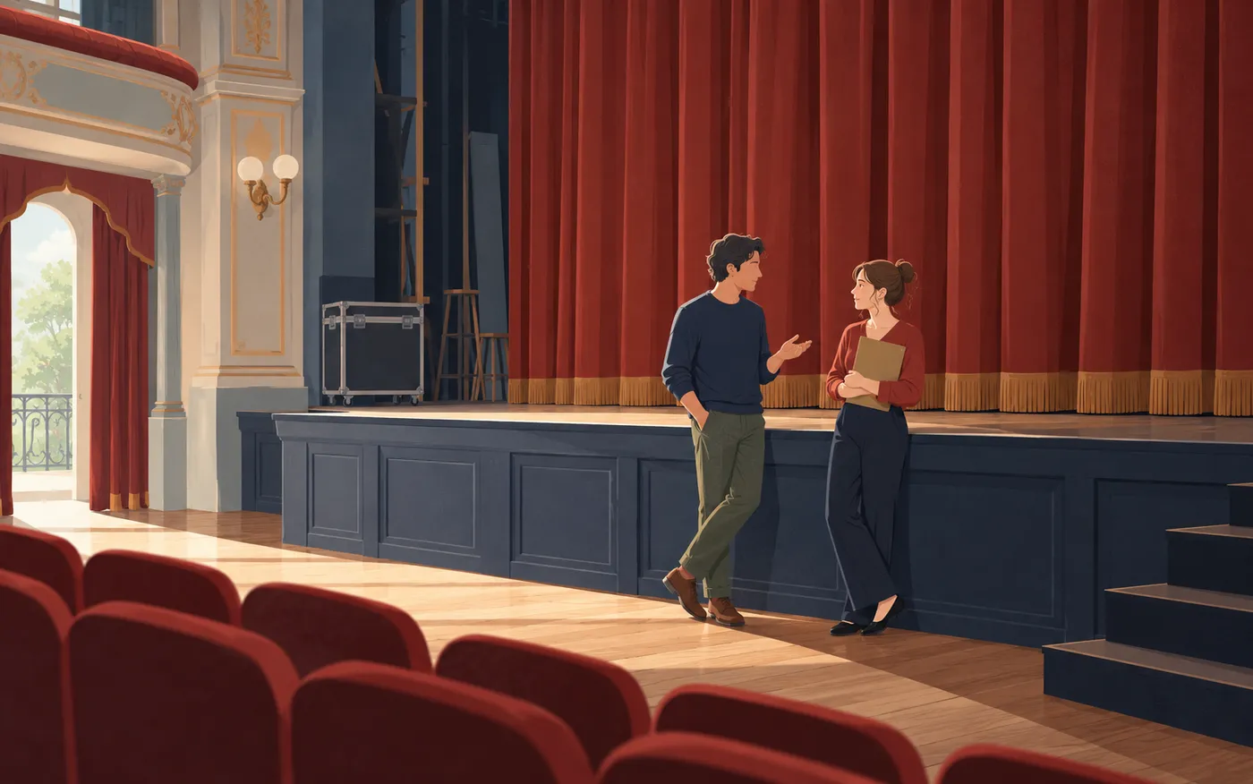 Two people chat beside the curtains of a small theatre.