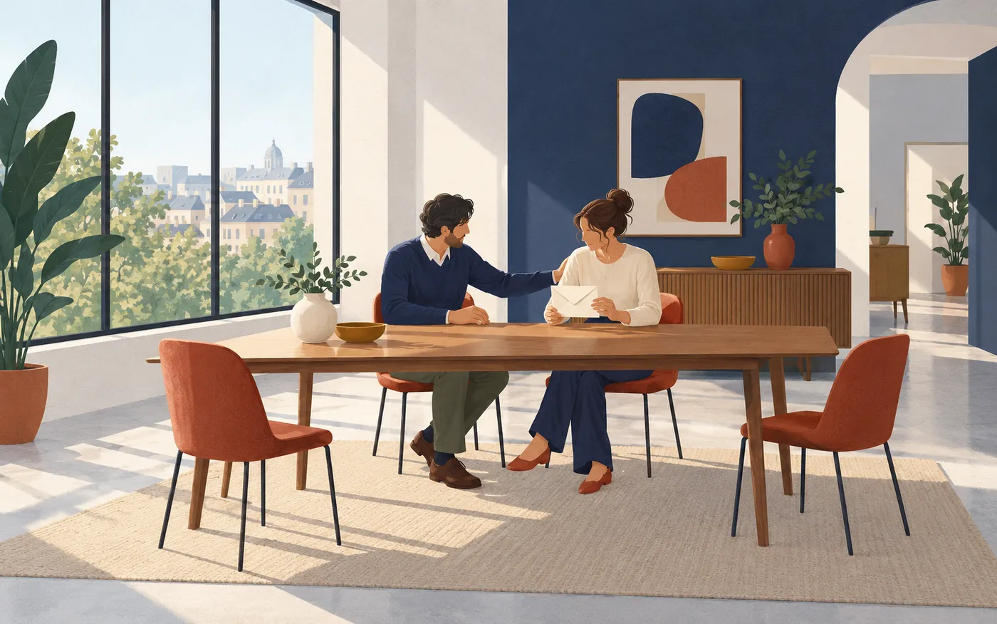 Two colleagues confirm an arrangement at an office table.